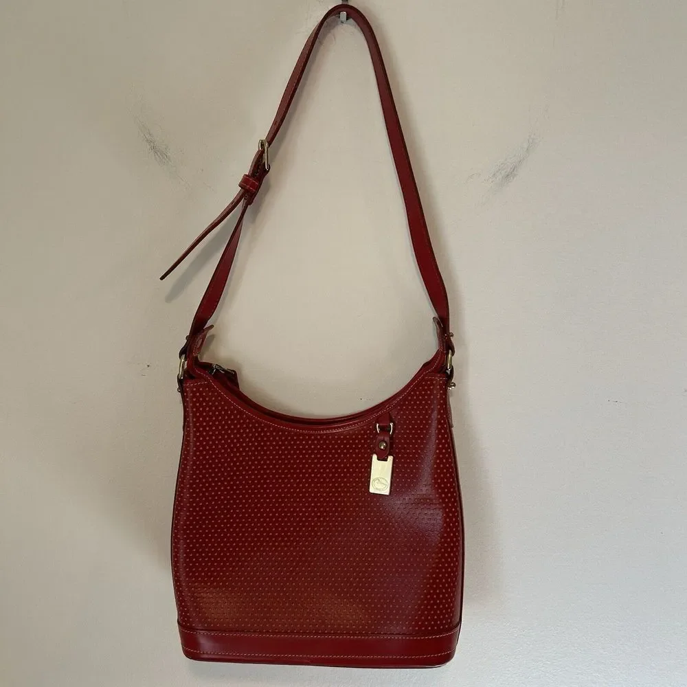 Dooney and Bourke Vintage ZipTop Red Leather Hobo Bag Gold Hardware FootedBottom